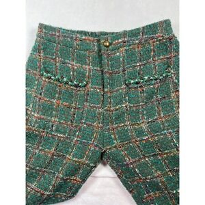 Green Tweed Pants Womens Medium Multicolor Plaid Wide Leg Cropped Fringe